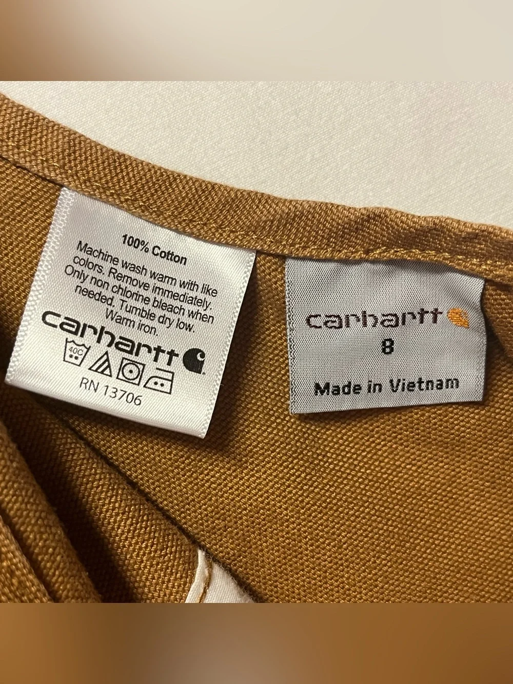 Carhartt Kids Brown Canvas Duck Bib Overalls 8 Double Knee Workwear Hunting NWOT
